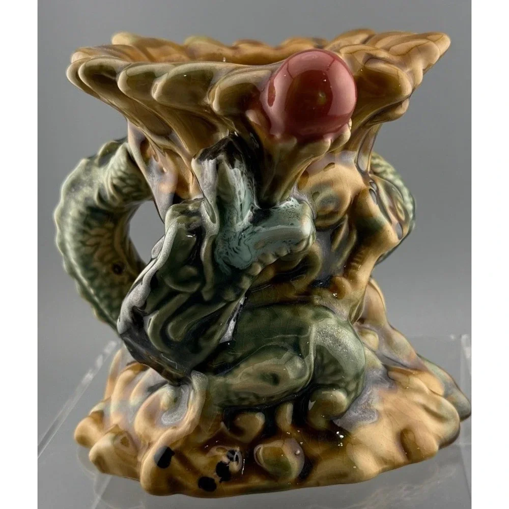 Vintage Dragon Vase Figural Art Pottery Majolica Style Green Brown Ceramic 5